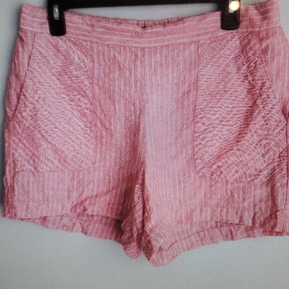 Ellen Tracy 100% Linen Pink White Stripes Elastic Waist Pull On Shorts - Picture 1 of 6
